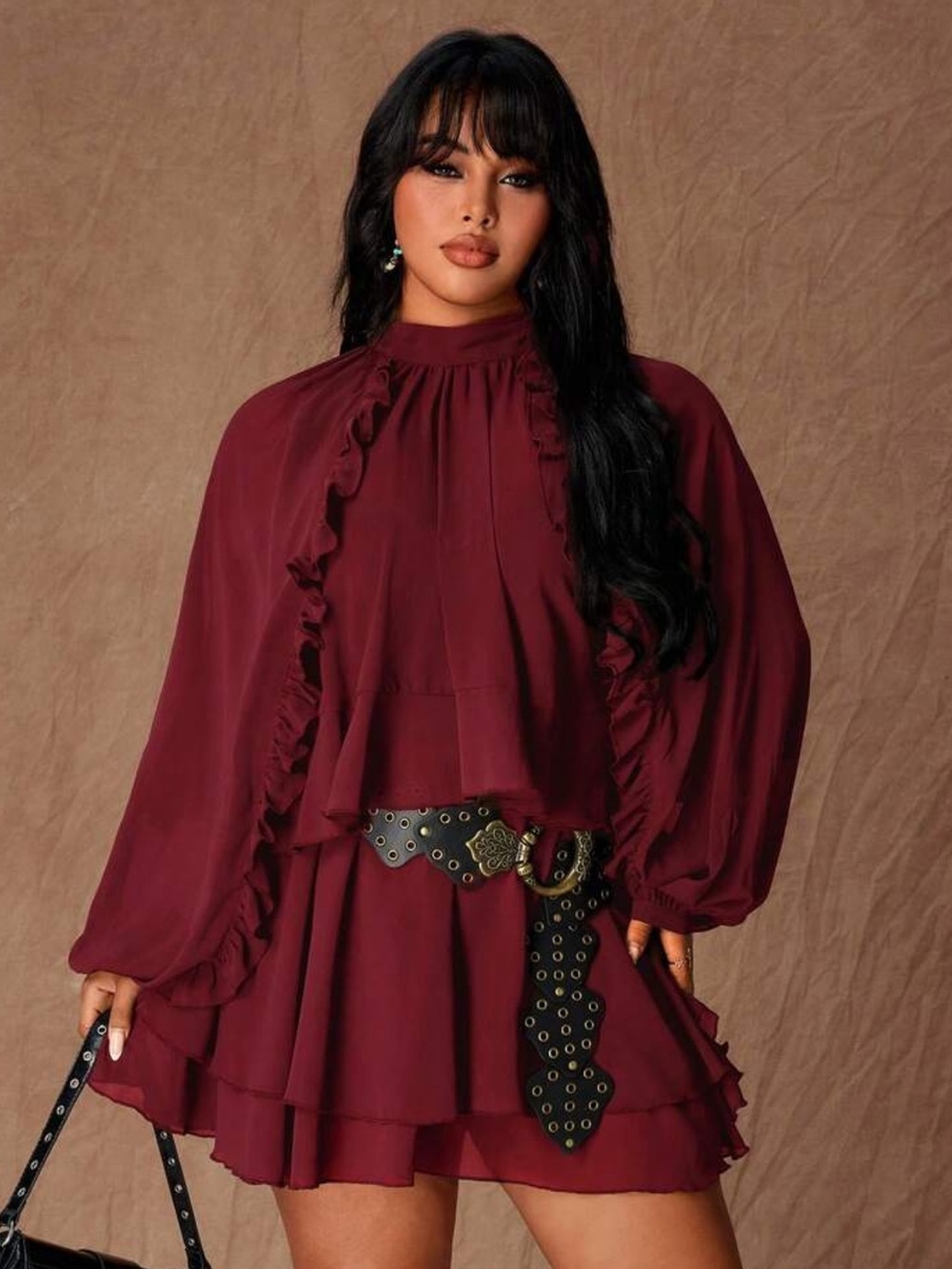 Rustia Plus Size Ruffle Hem Fitted Waist Long Sleeve Mini Dress